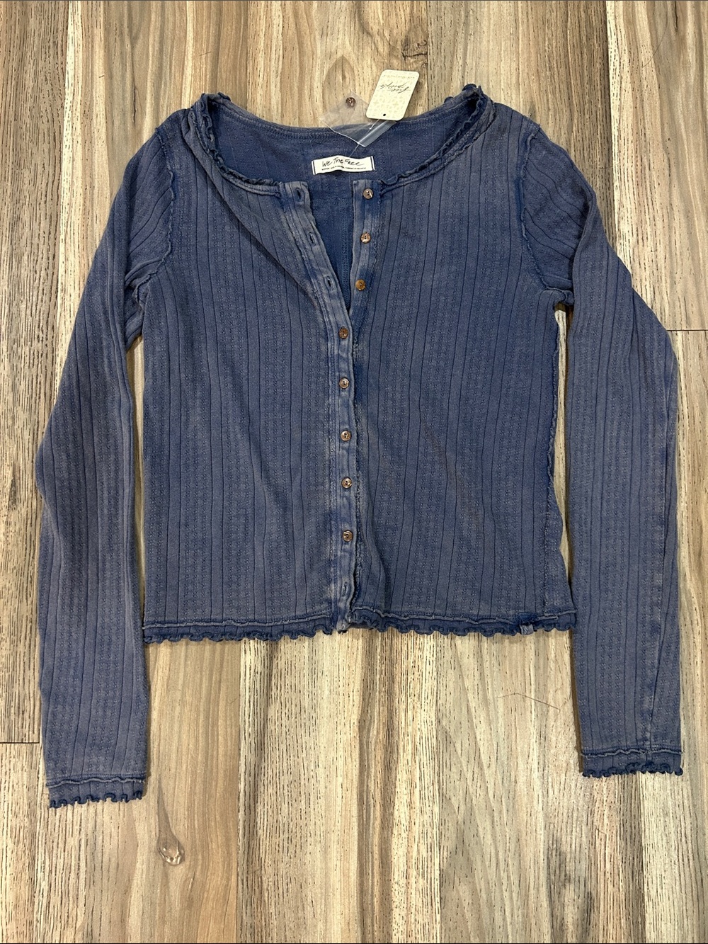Free People Indigo Ribbed Button-Front Long Sleeve Top